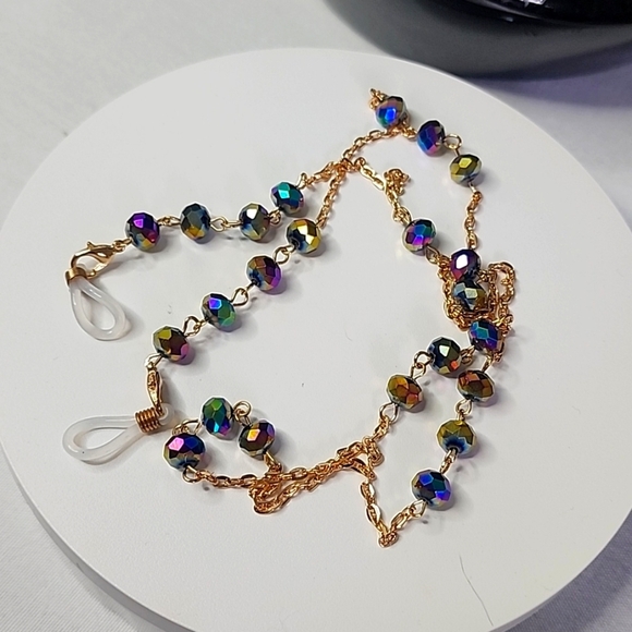 Gold with Mystic AB Crystal Bead Multi Use Chain Mask Eyeglass or ID Holder… - Picture 1 of 8